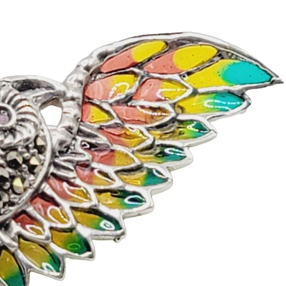 Handmade 925 Sterling Silver Plique Enamel Ruby Marcasite Brooch Owl in Flight - Picture 6 of 9